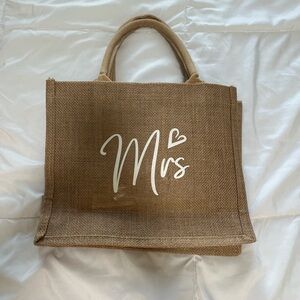 Tan Burlap Tote Bag with 'Mrs' Print